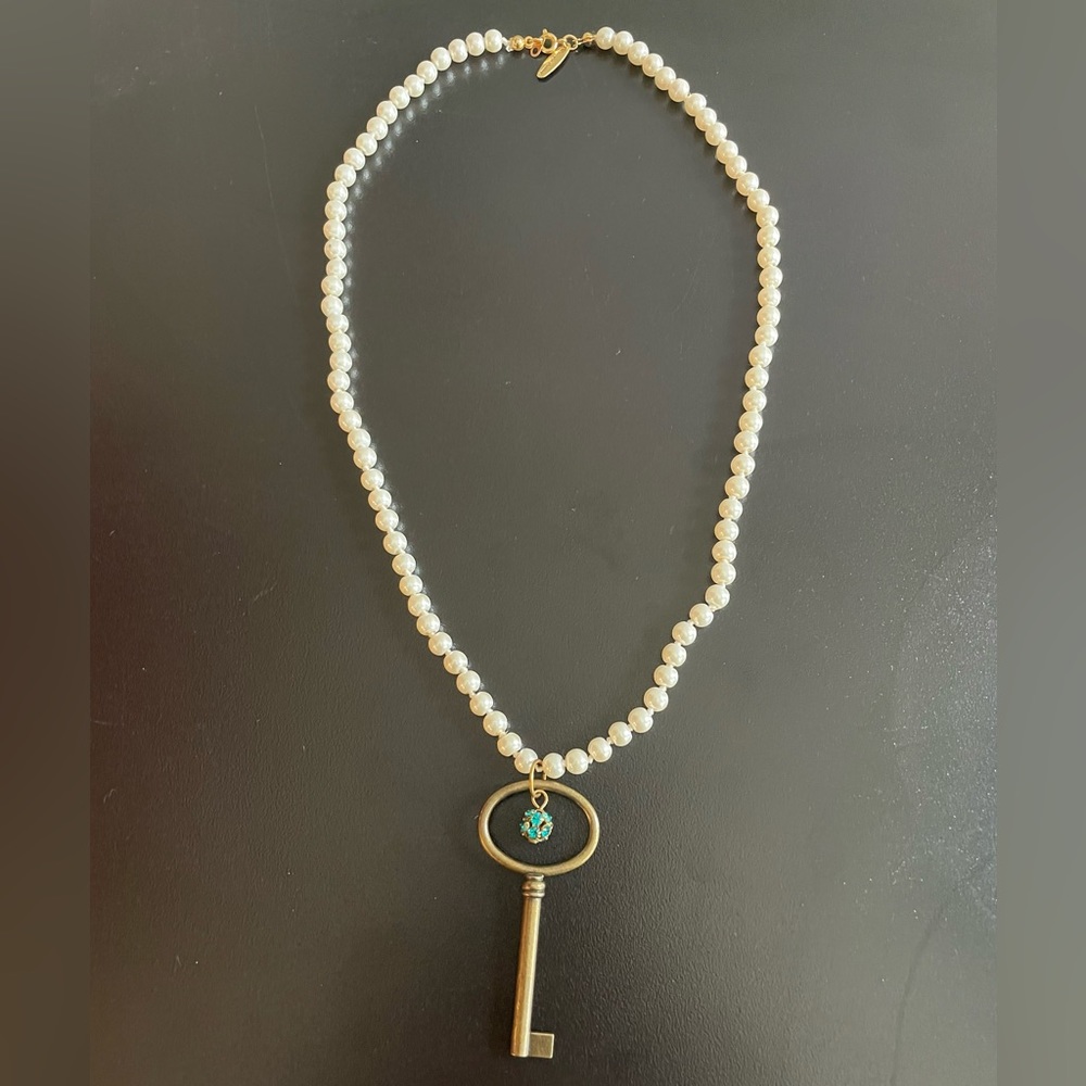 Lenora Dame vintage pearl necklace with vintage key pendant.